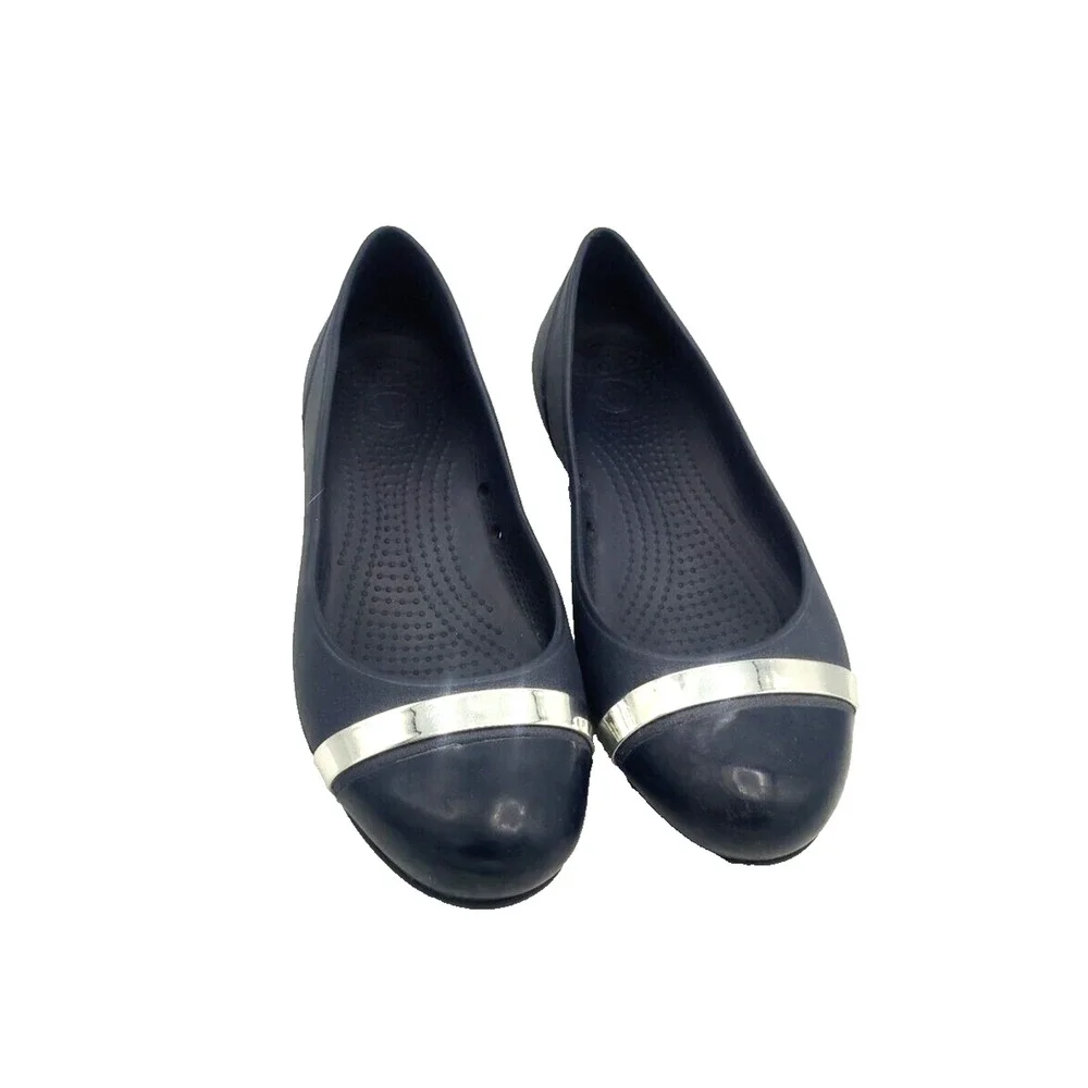 Crocs Black Cap‎ Toe Mirror Slip On Comfort Casual Ballet Flats Womans Size 8